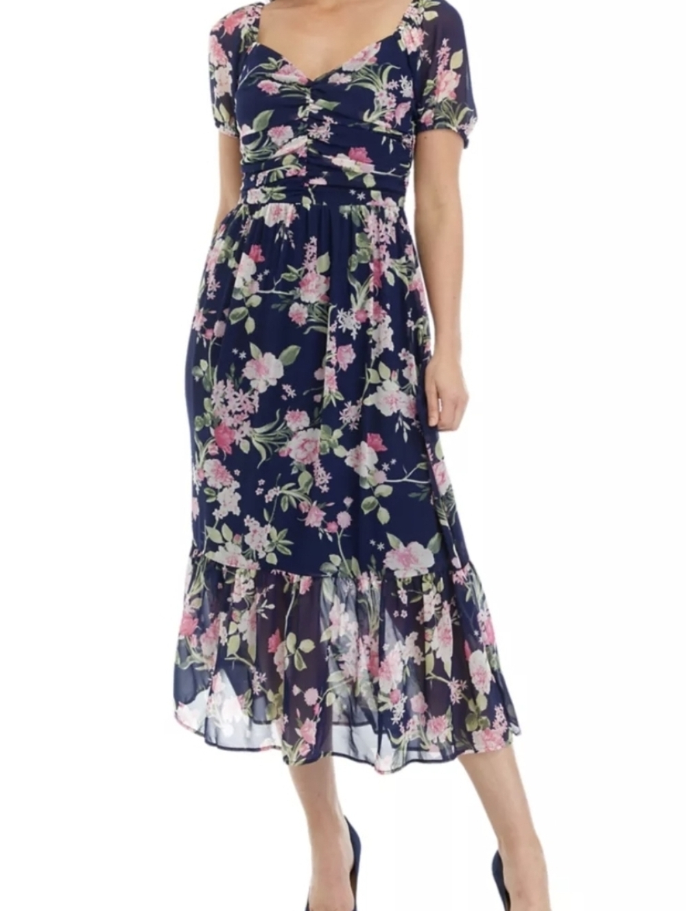 Luxology Navy and Pink Floral Maxi Dress